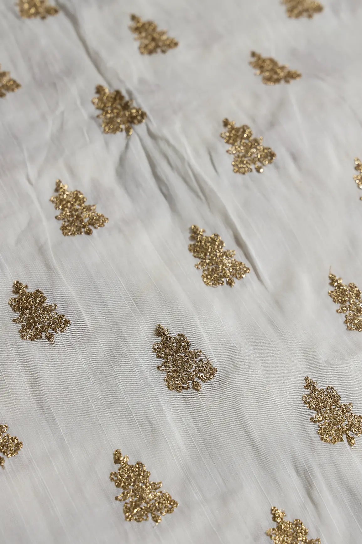 Gold Sequins With Gold Zari Big Motif Embroidery Work On White Raw Silk Fabric - doeraa
