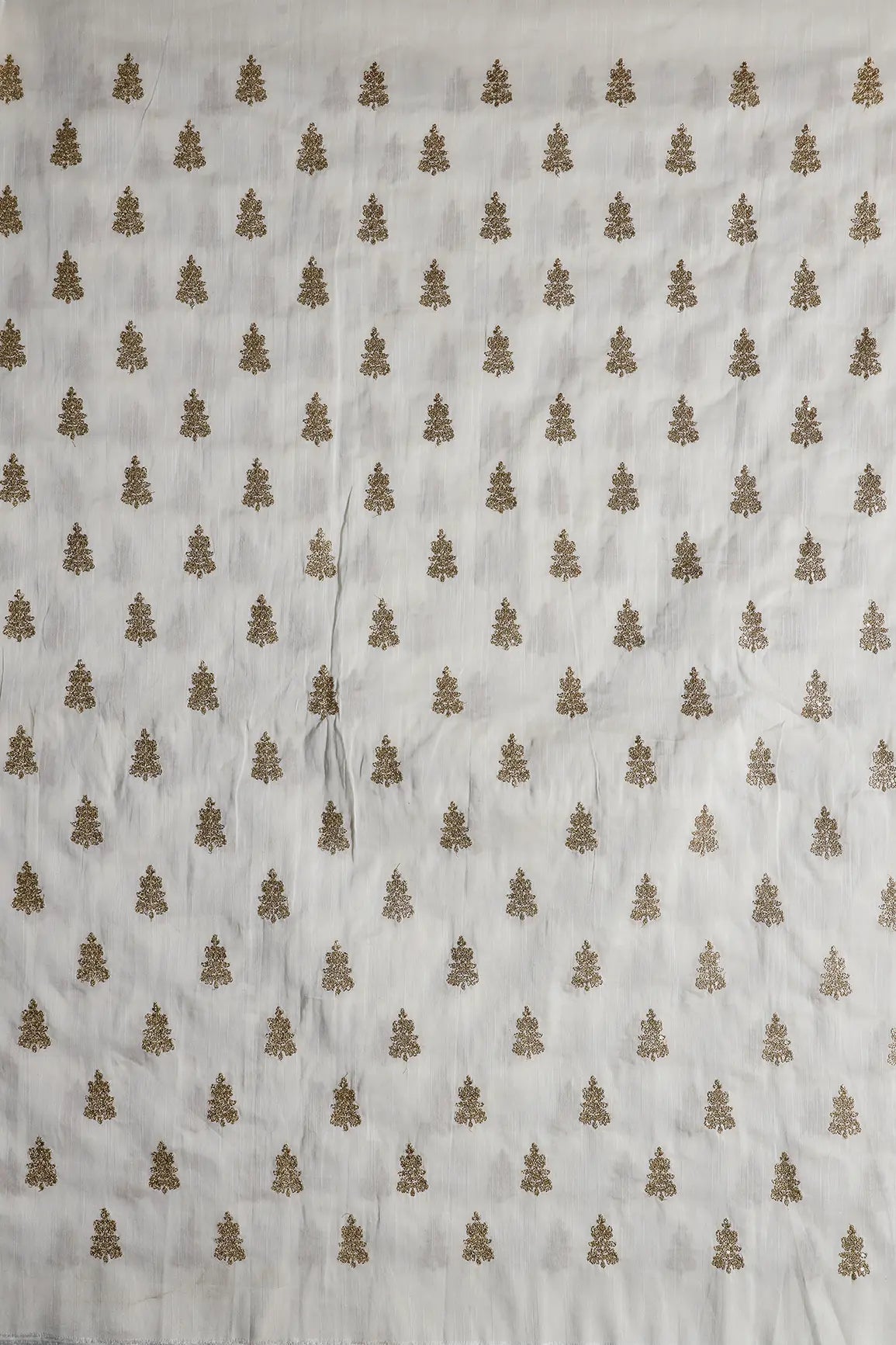 Gold Sequins With Gold Zari Big Motif Embroidery Work On White Raw Silk Fabric - doeraa