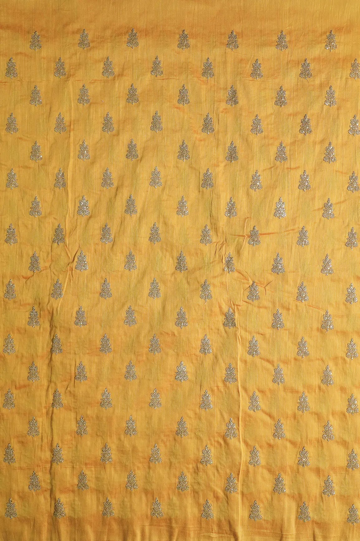 Gold Sequins With Gold Zari Big Motif Embroidery Work On Yellow Raw Silk Fabric - doeraa