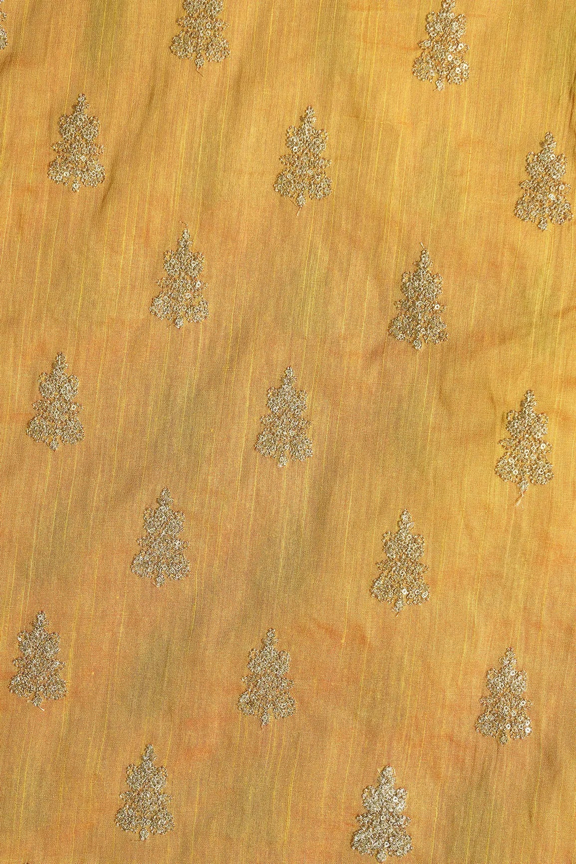 Gold Sequins With Gold Zari Big Motif Embroidery Work On Yellow Raw Silk Fabric - doeraa