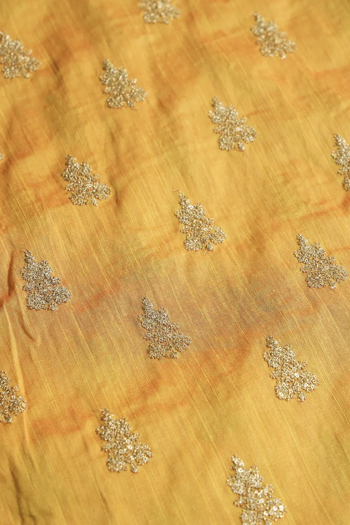 Gold Sequins With Gold Zari Big Motif Embroidery Work On Yellow Raw Silk Fabric - doeraa
