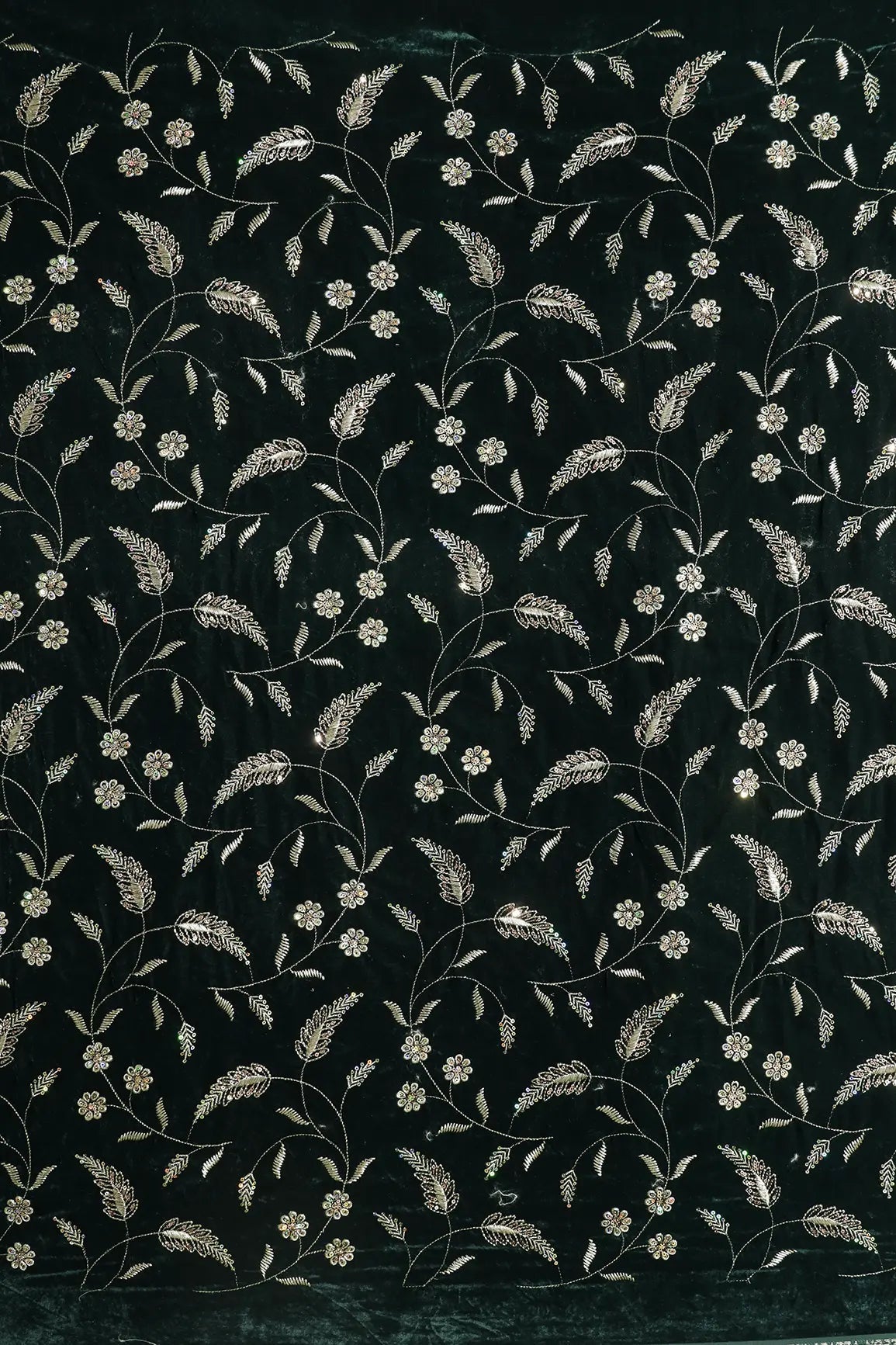 Gold Sequins With Gold Zari Floral Leafy Embroidery Work On Bottle Green Velvet Fabric - doeraa