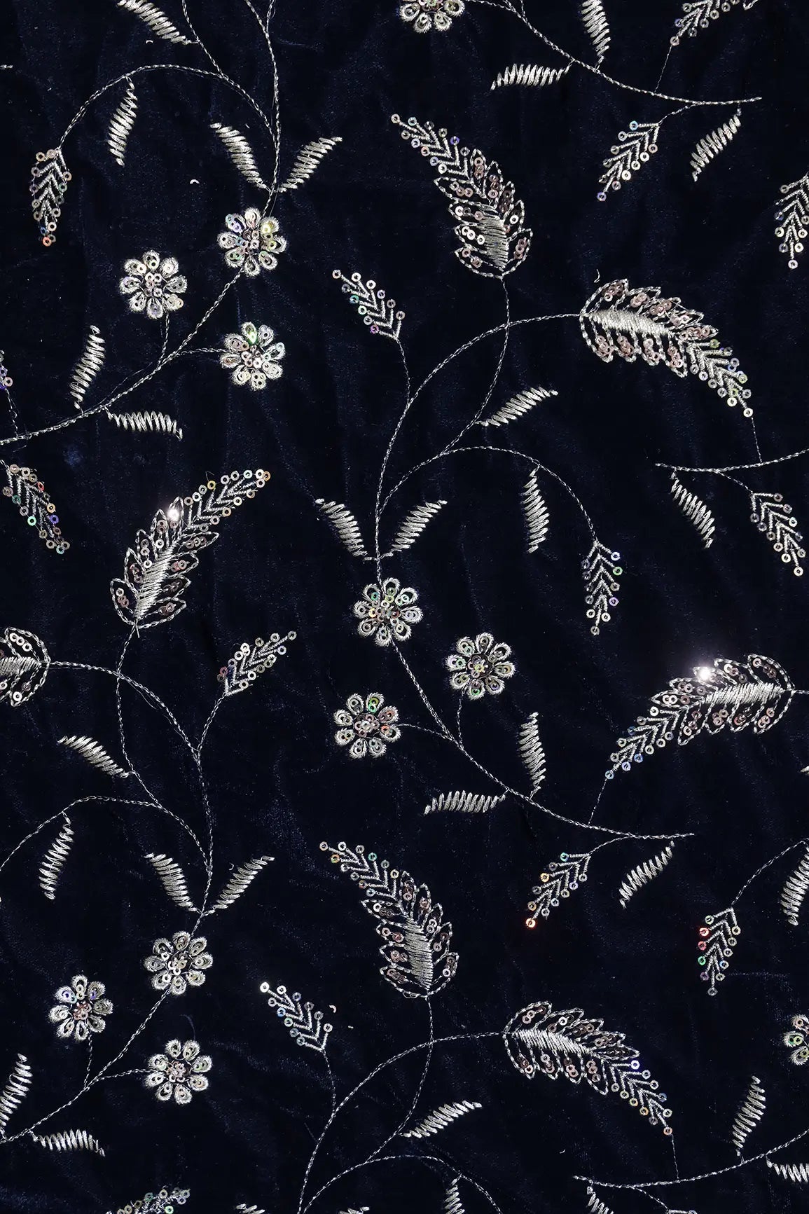 Gold Sequins With Gold Zari Floral Leafy Embroidery Work On Navy Blue Velvet Fabric - doeraa