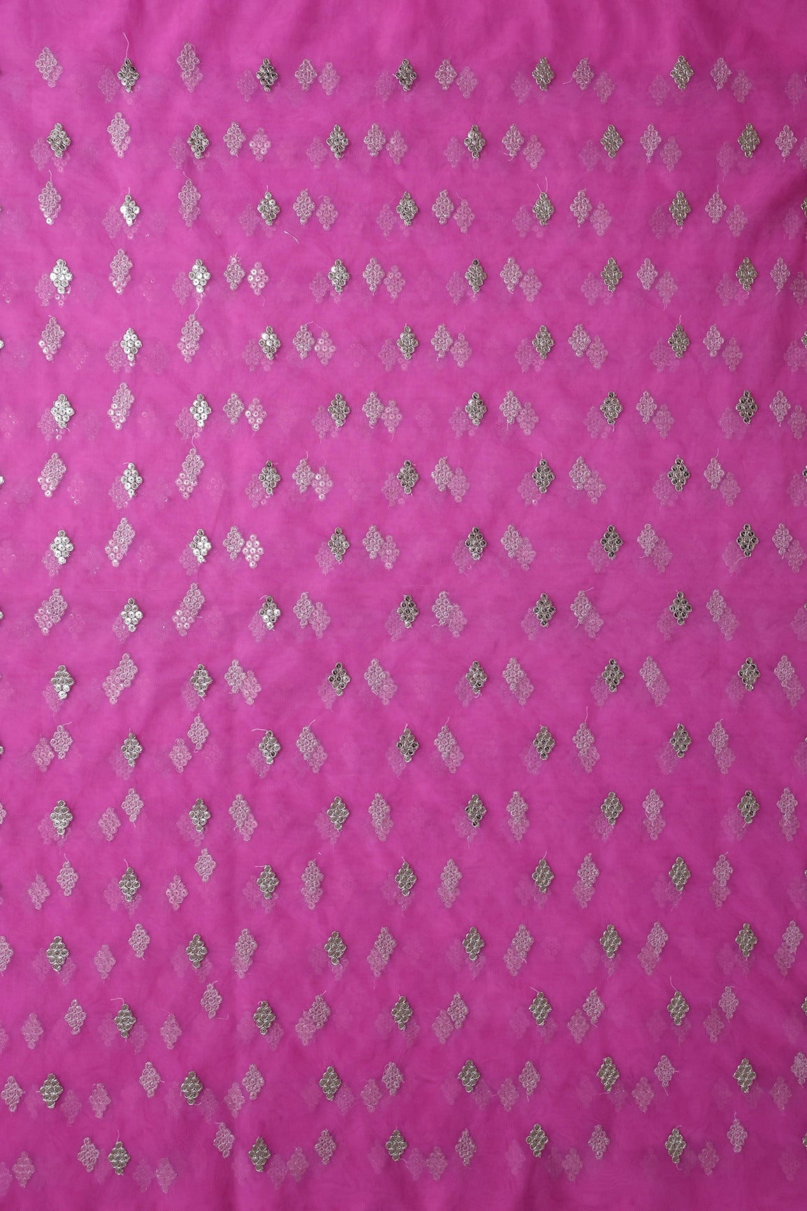 Gold Sequins With Gold Zari Geometric Embroidery On Fuchsia Soft Net Fabric - doeraa