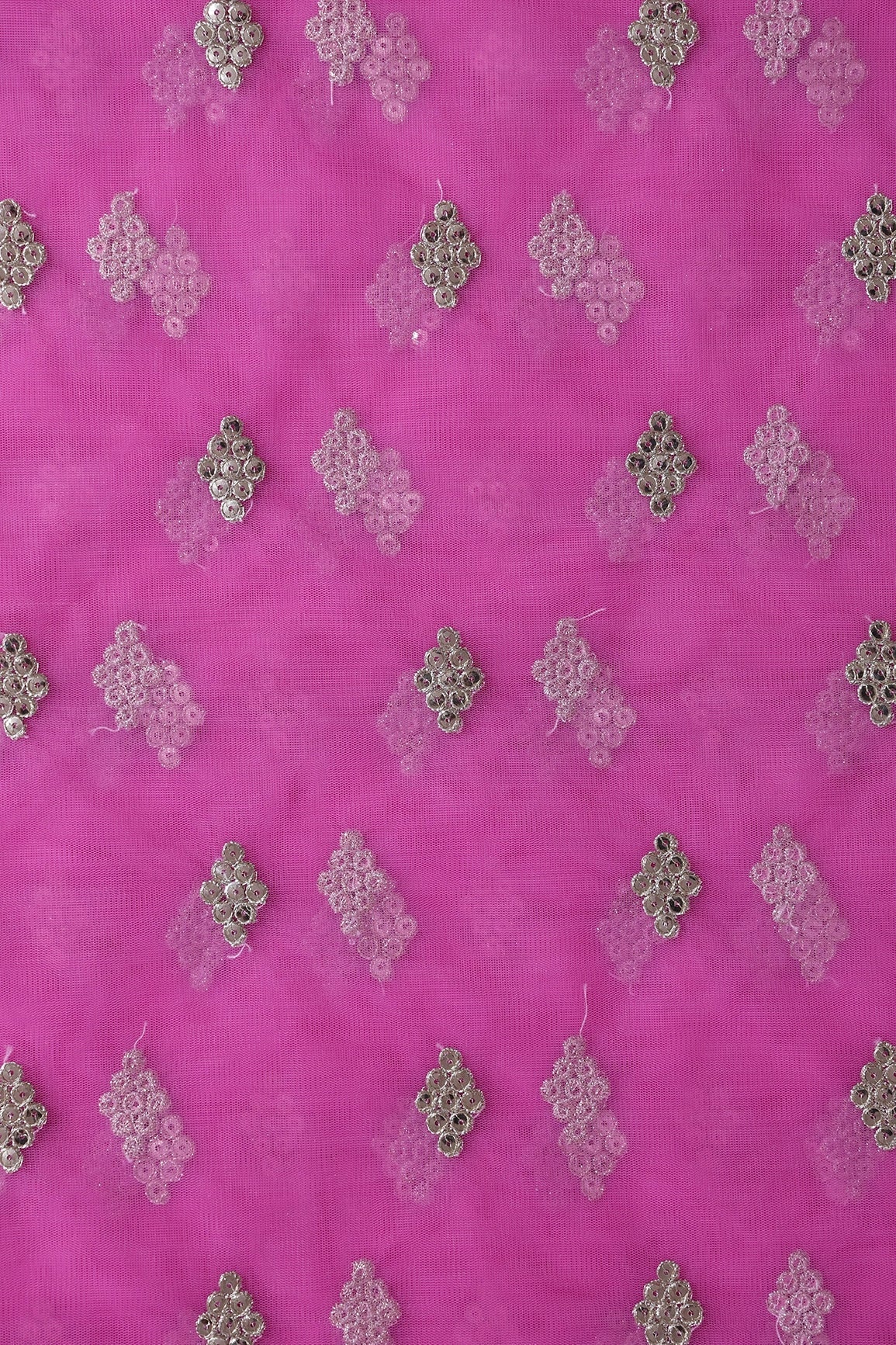 Gold Sequins With Gold Zari Geometric Embroidery On Fuchsia Soft Net Fabric - doeraa
