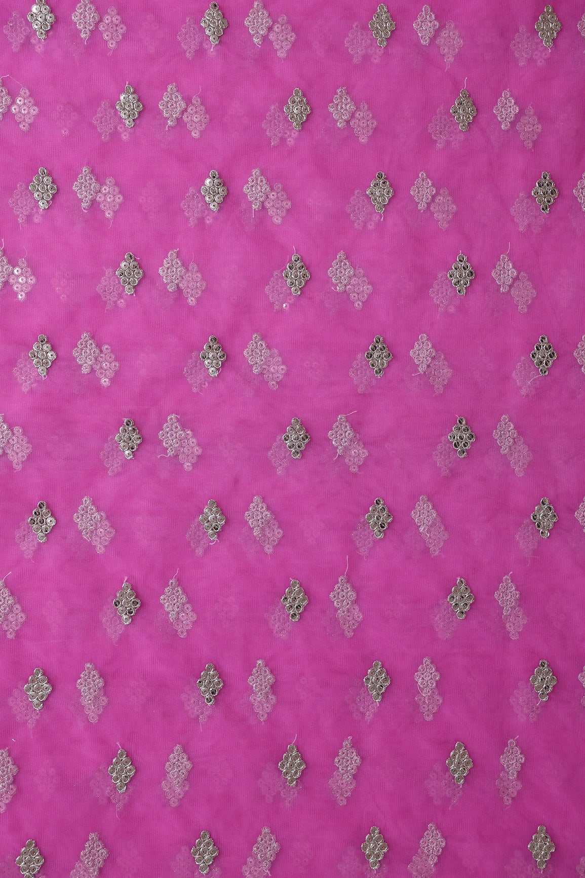 Gold Sequins With Gold Zari Geometric Embroidery On Fuchsia Soft Net Fabric - doeraa