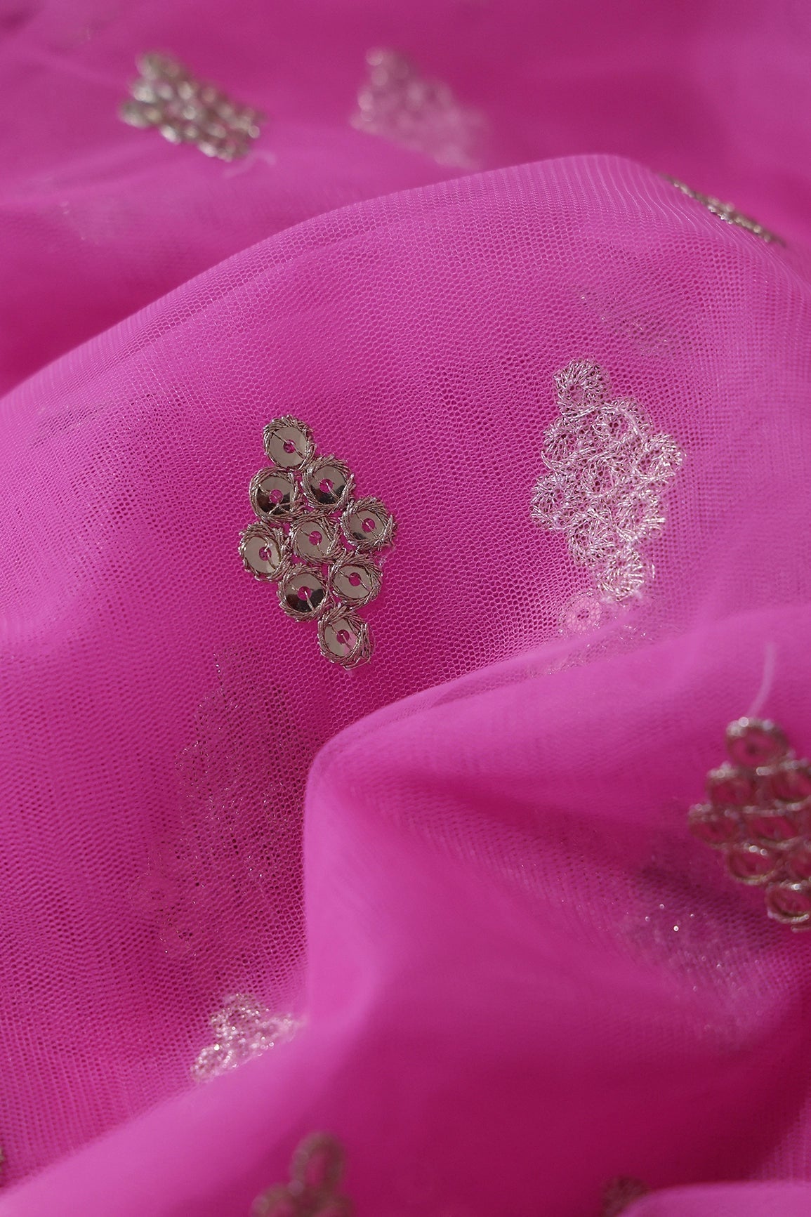 Gold Sequins With Gold Zari Geometric Embroidery On Fuchsia Soft Net Fabric - doeraa