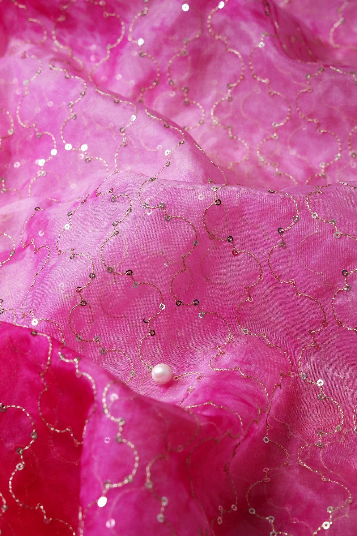 Gold Sequins With Gold Zari Ogee Embroidery Work On Tie & Dye Fuchsia Organza Fabric - doeraa