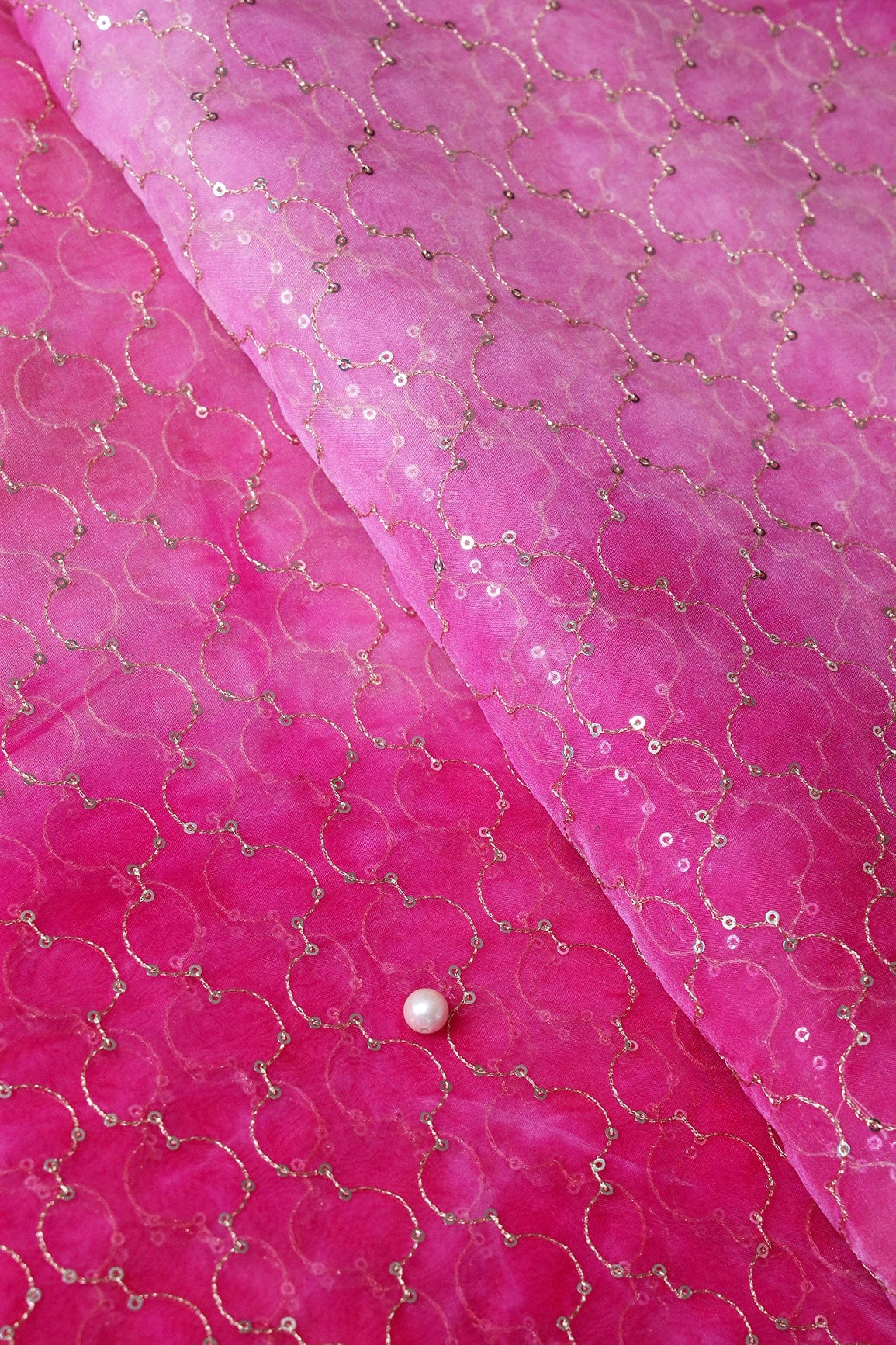 Gold Sequins With Gold Zari Ogee Embroidery Work On Tie & Dye Fuchsia Organza Fabric - doeraa