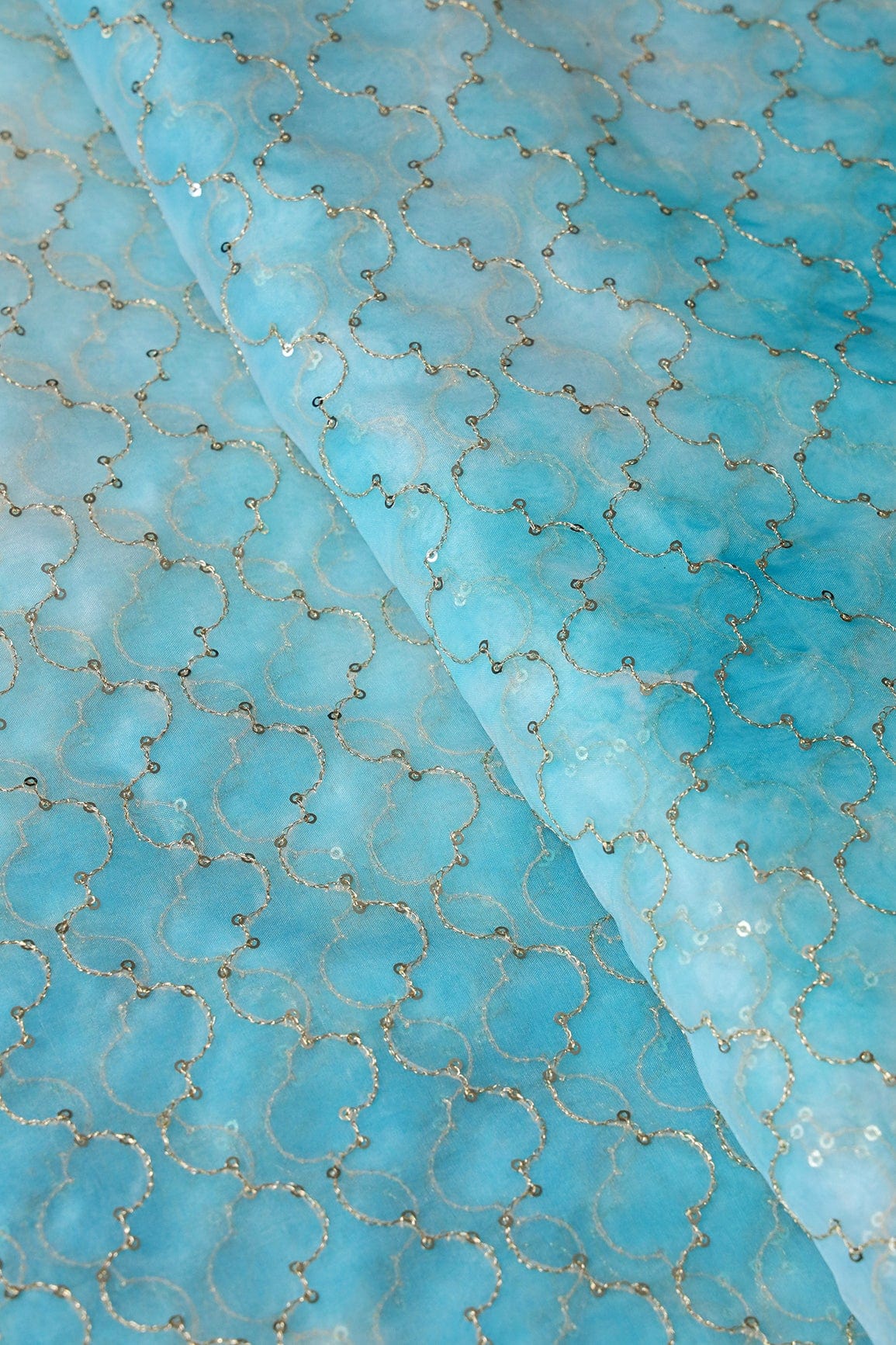 Gold Sequins With Gold Zari Ogee Embroidery Work On Tie & Dye Sky Blue Organza Fabric - doeraa