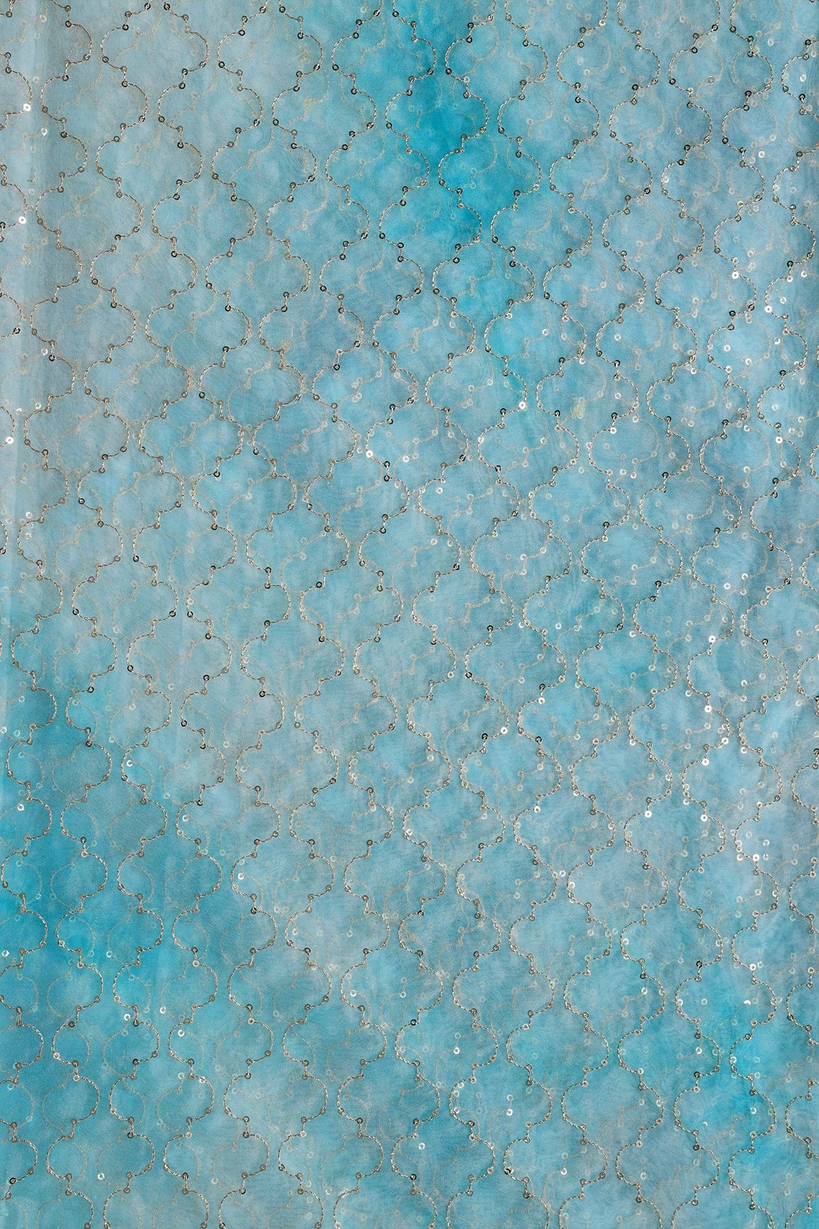 Gold Sequins With Gold Zari Ogee Embroidery Work On Tie & Dye Sky Blue Organza Fabric - doeraa