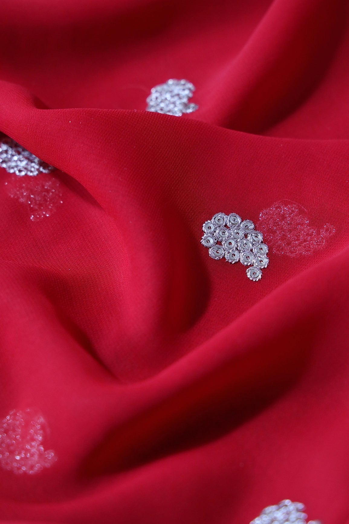 Gold Sequins With Gold Zari Paisley Embroidery On Red Georgette Fabric - doeraa