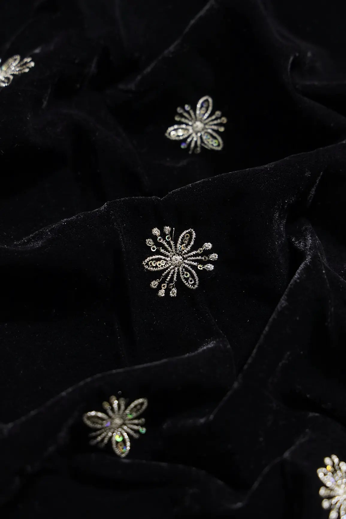 Gold Sequins With Gold Zari Small Floral Motif Embroidery Work On Black Velvet Fabric - doeraa
