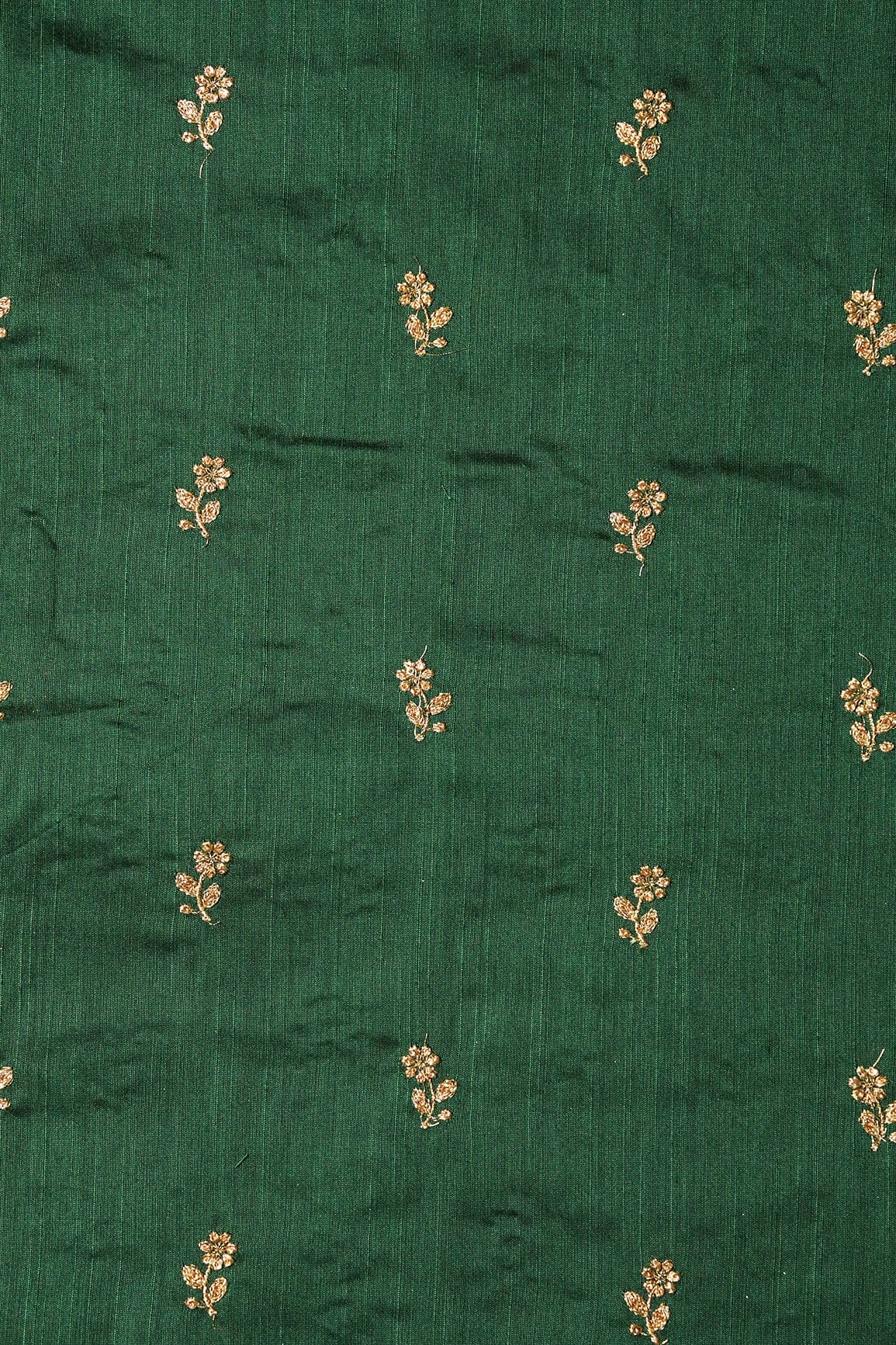 Gold Sequins With Gold Zari Small Floral Motif Embroidery Work On Bottle Green Raw Silk Fabric - doeraa