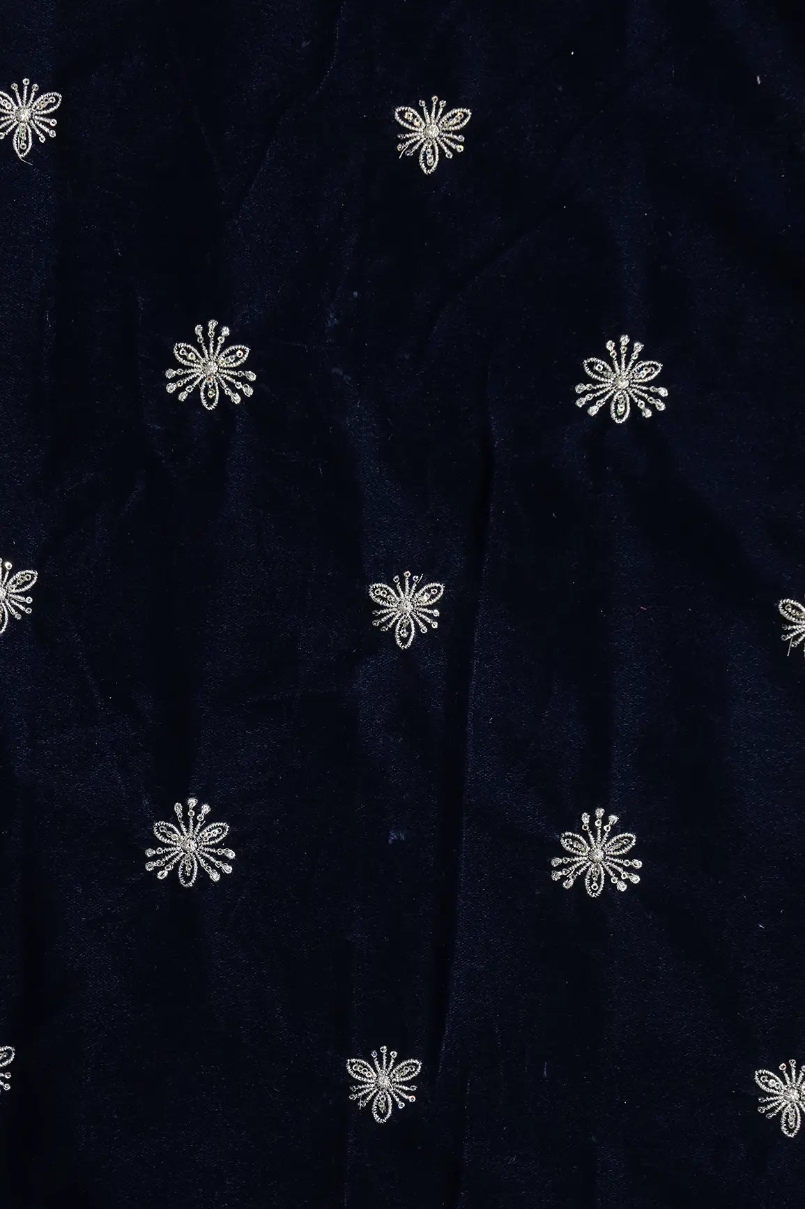 Gold Sequins With Gold Zari Small Floral Motif Embroidery Work On Navy Blue Velvet Fabric - doeraa