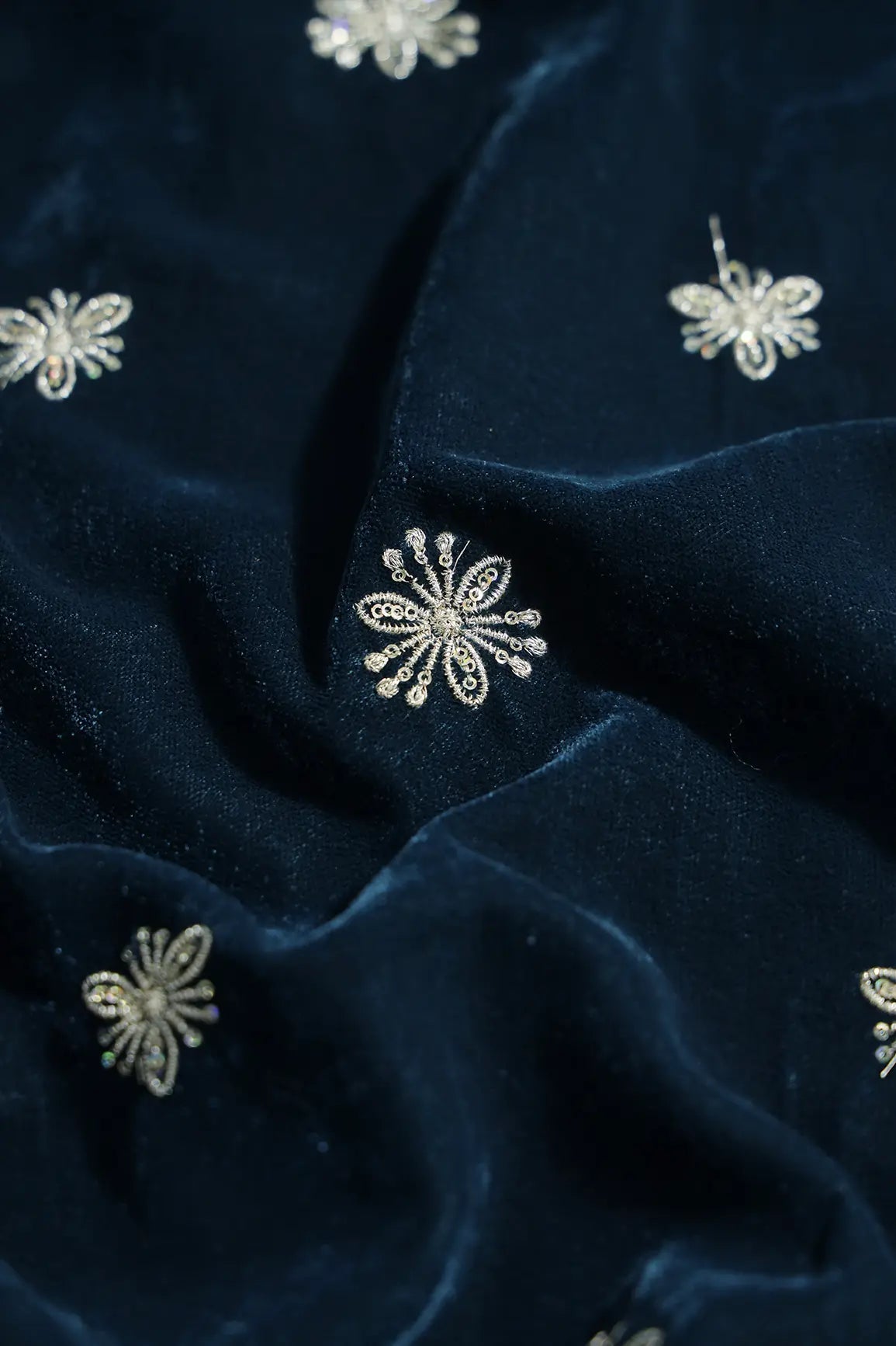 Gold Sequins With Gold Zari Small Floral Motif Embroidery Work On Prussian Blue Velvet Fabric - doeraa