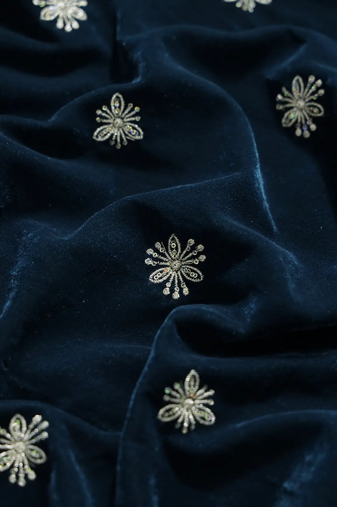 Gold Sequins With Gold Zari Small Floral Motif Embroidery Work On Prussian Blue Velvet Fabric - doeraa