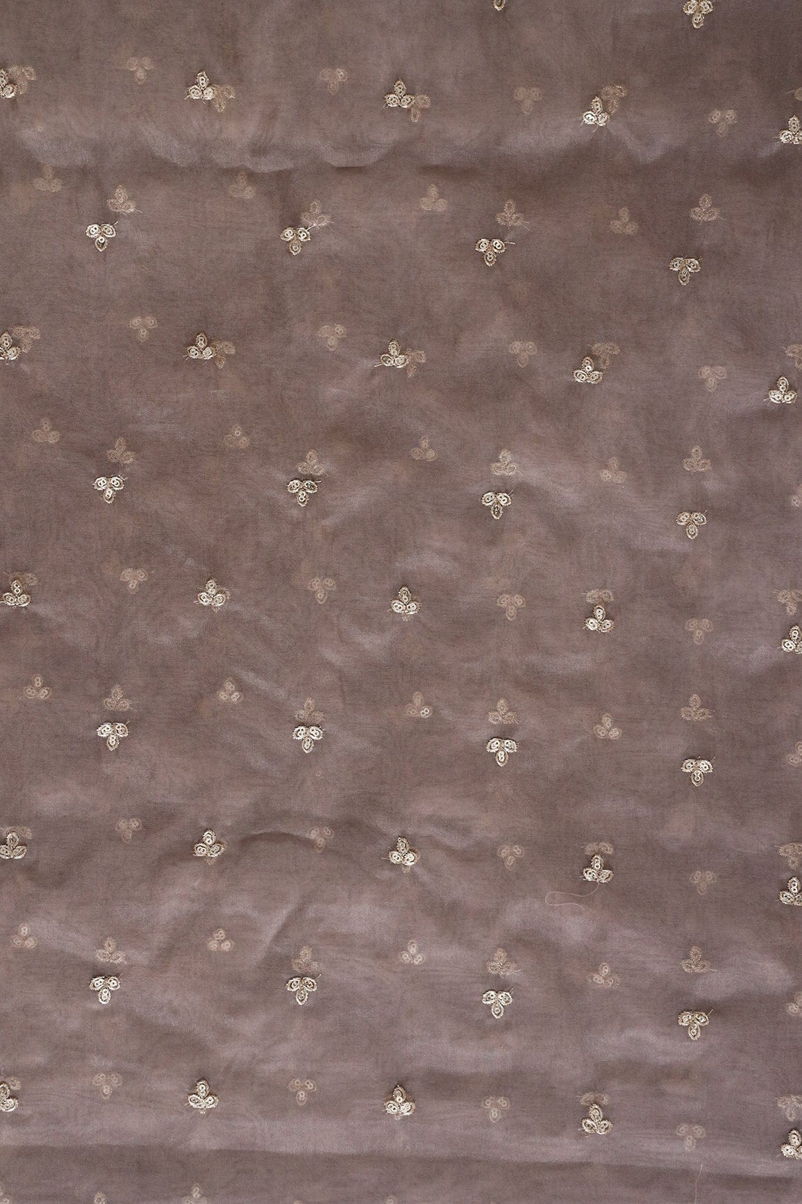 Gold Sequins With Gold Zari Small Leafy Motif Embroidery Work On Brown Organza Fabric - doeraa