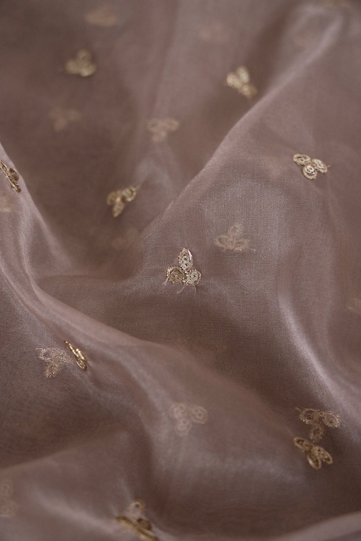 Gold Sequins With Gold Zari Small Leafy Motif Embroidery Work On Brown Organza Fabric - doeraa