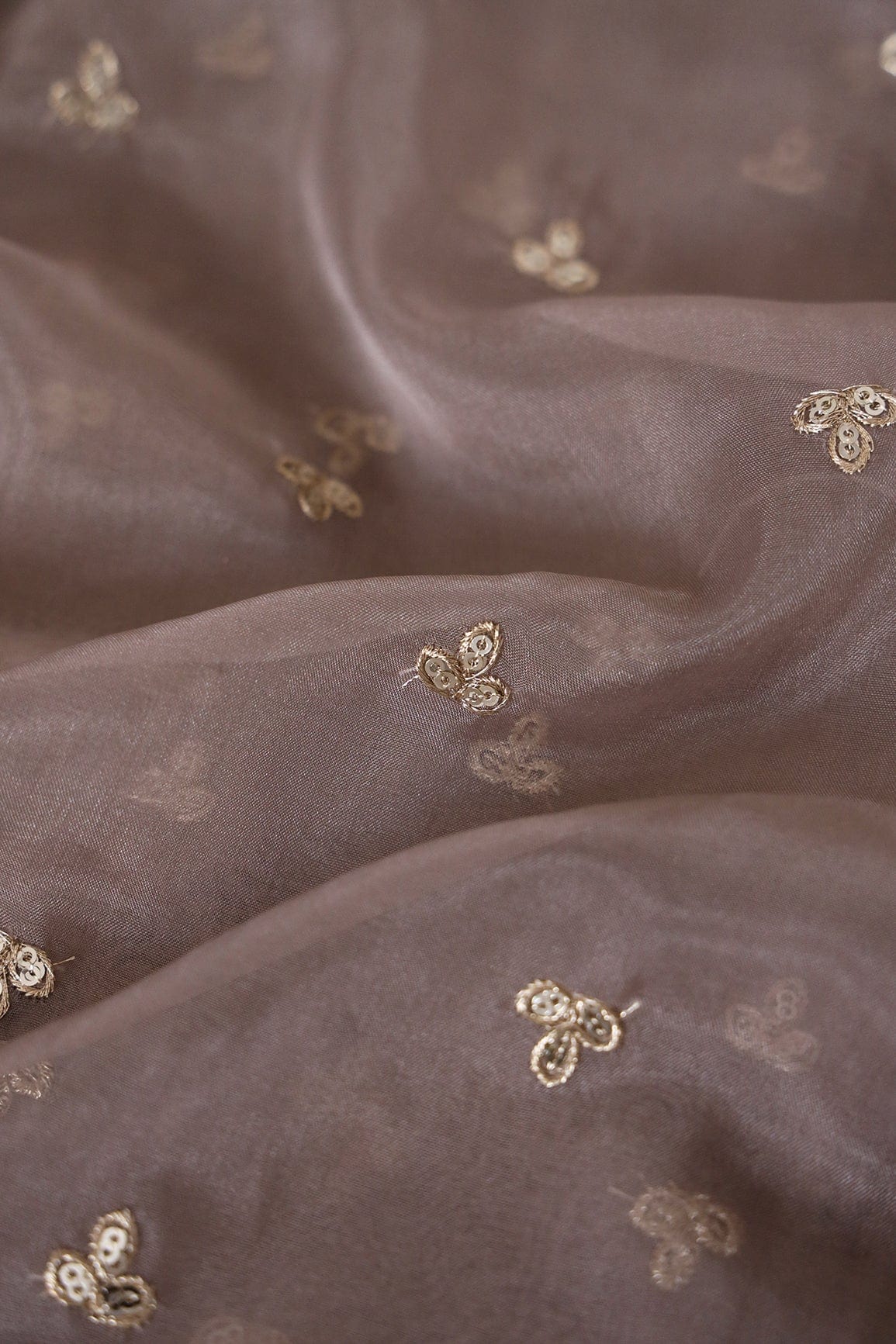 Gold Sequins With Gold Zari Small Leafy Motif Embroidery Work On Brown Organza Fabric - doeraa