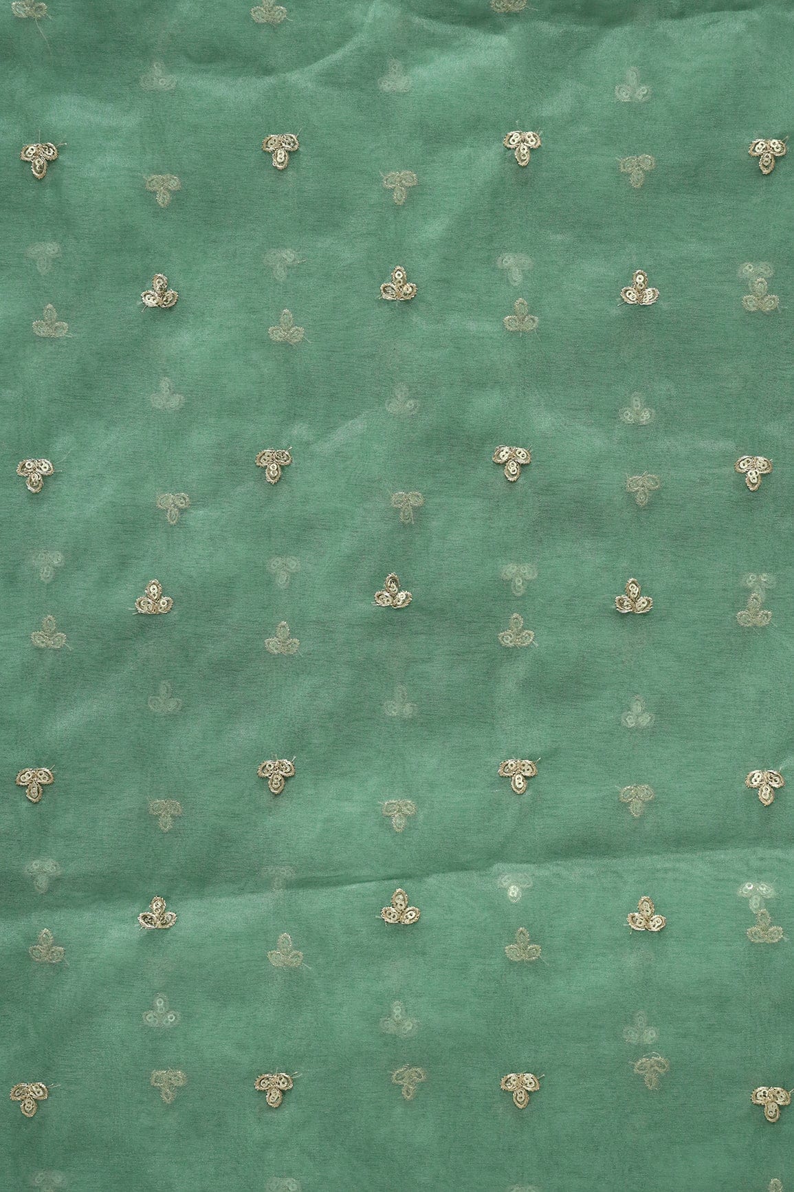 Gold Sequins With Gold Zari Small Leafy Motif Embroidery Work On Olive Organza Fabric - doeraa