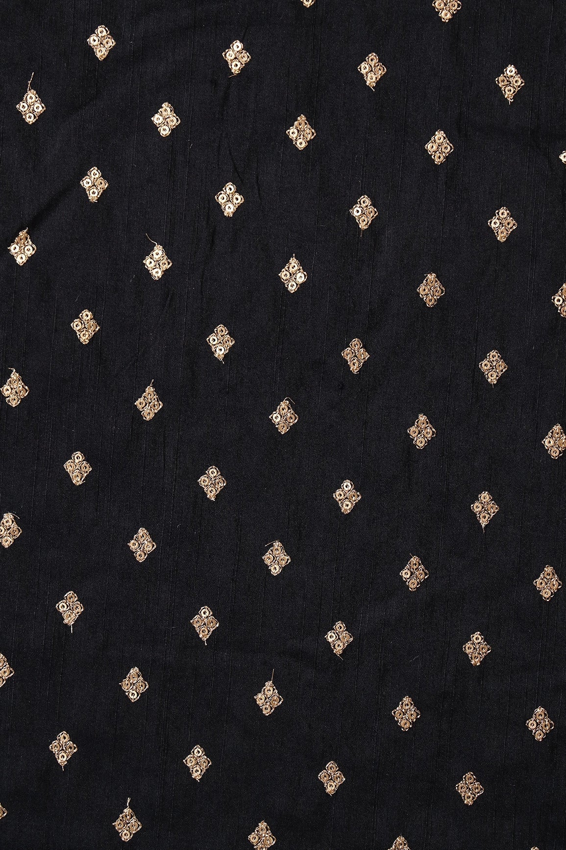 Gold Sequins With Gold Zari Small Motif Embroidery Work On Black Raw Silk Fabric - doeraa