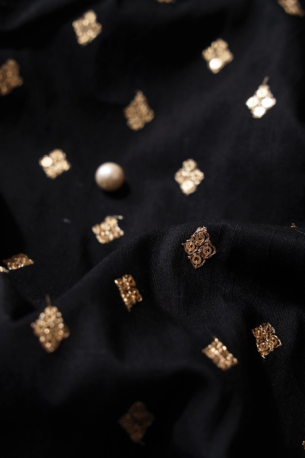 Gold Sequins With Gold Zari Small Motif Embroidery Work On Black Raw Silk Fabric - doeraa