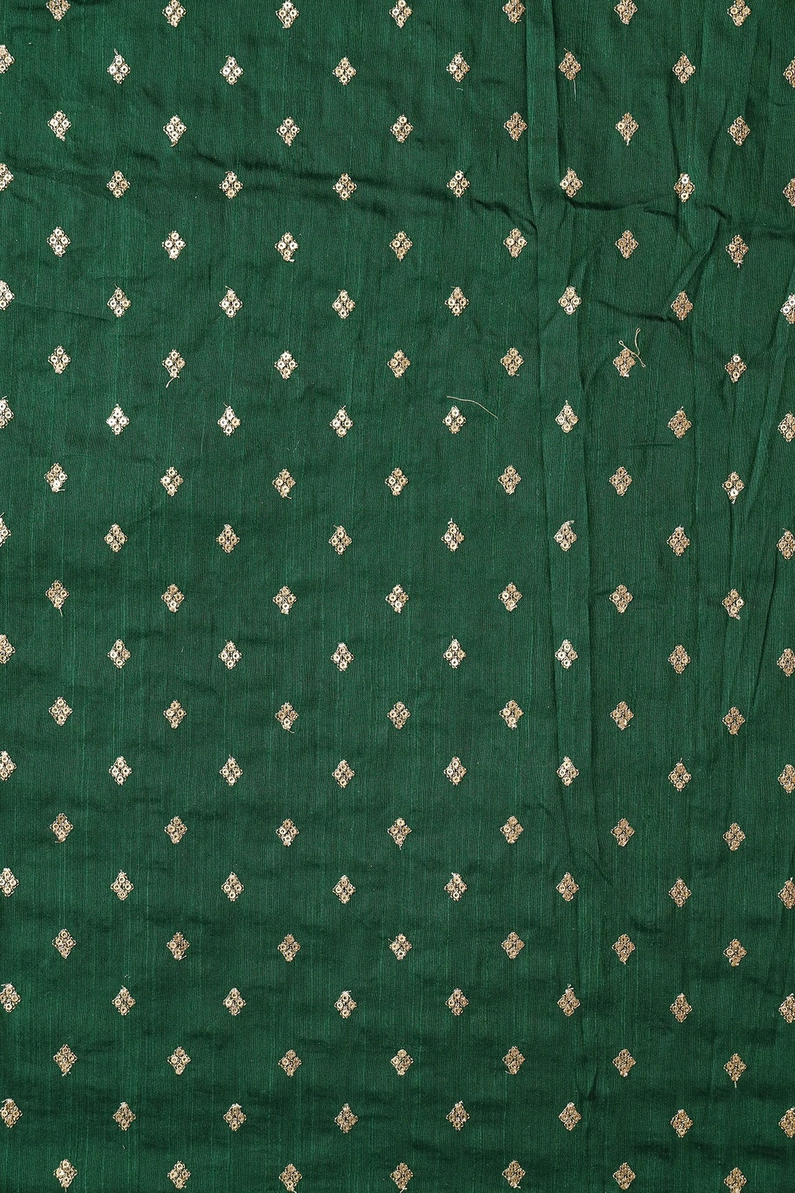 Gold Sequins With Gold Zari Small Motif Embroidery Work On Bottle Green Raw Silk Fabric - doeraa