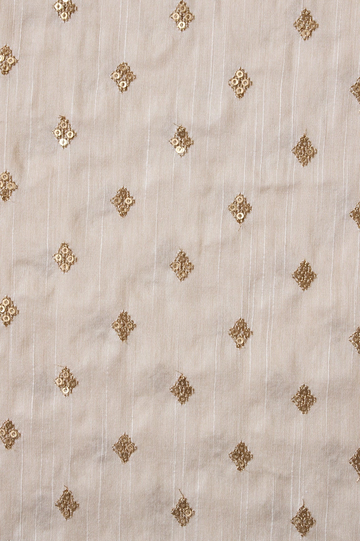 Gold Sequins With Gold Zari Small Motif Embroidery Work On Cream Raw Silk Fabric - doeraa