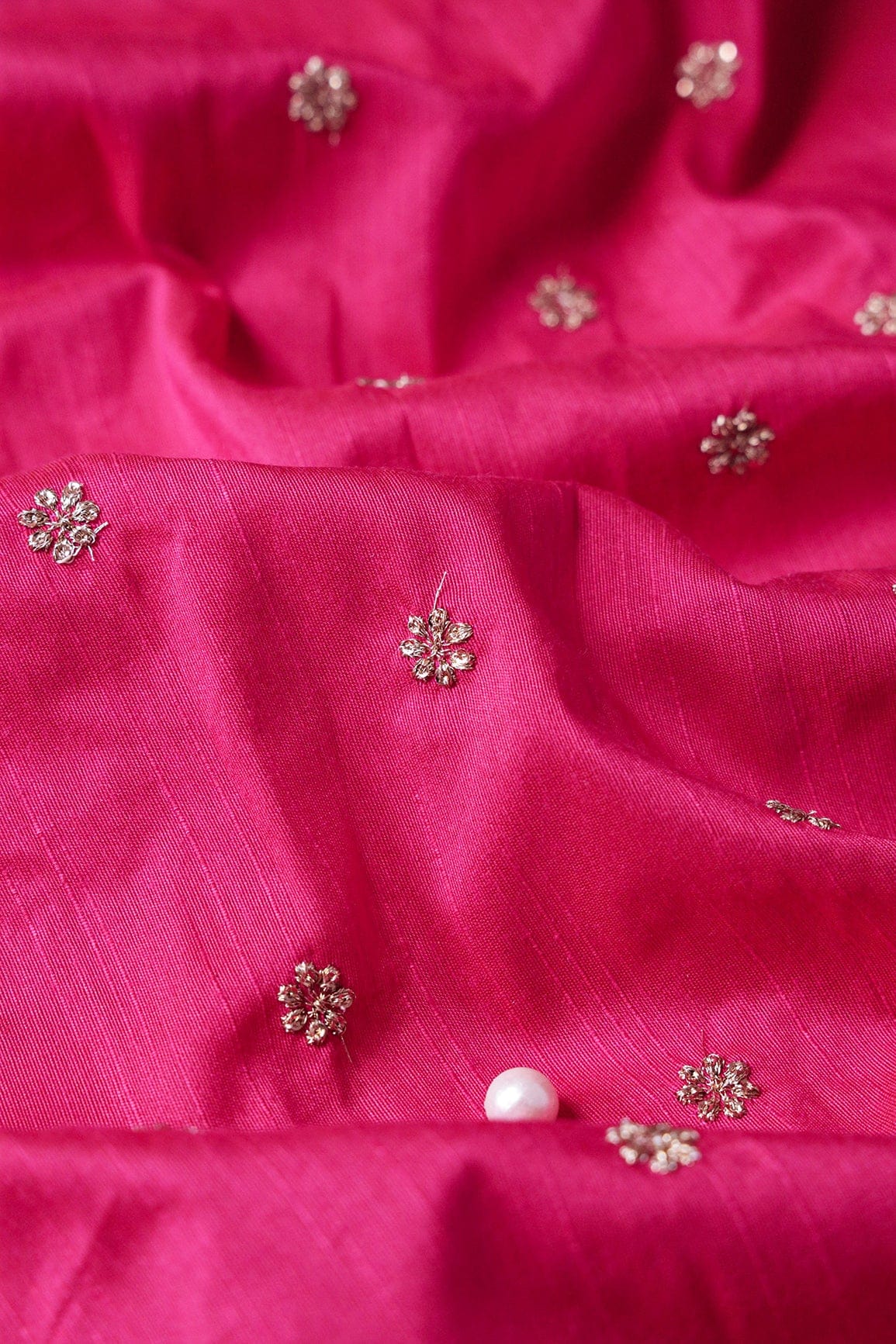 Gold Sequins With Gold Zari Small Motif Embroidery Work On Fuchsia Raw Silk Fabric - doeraa