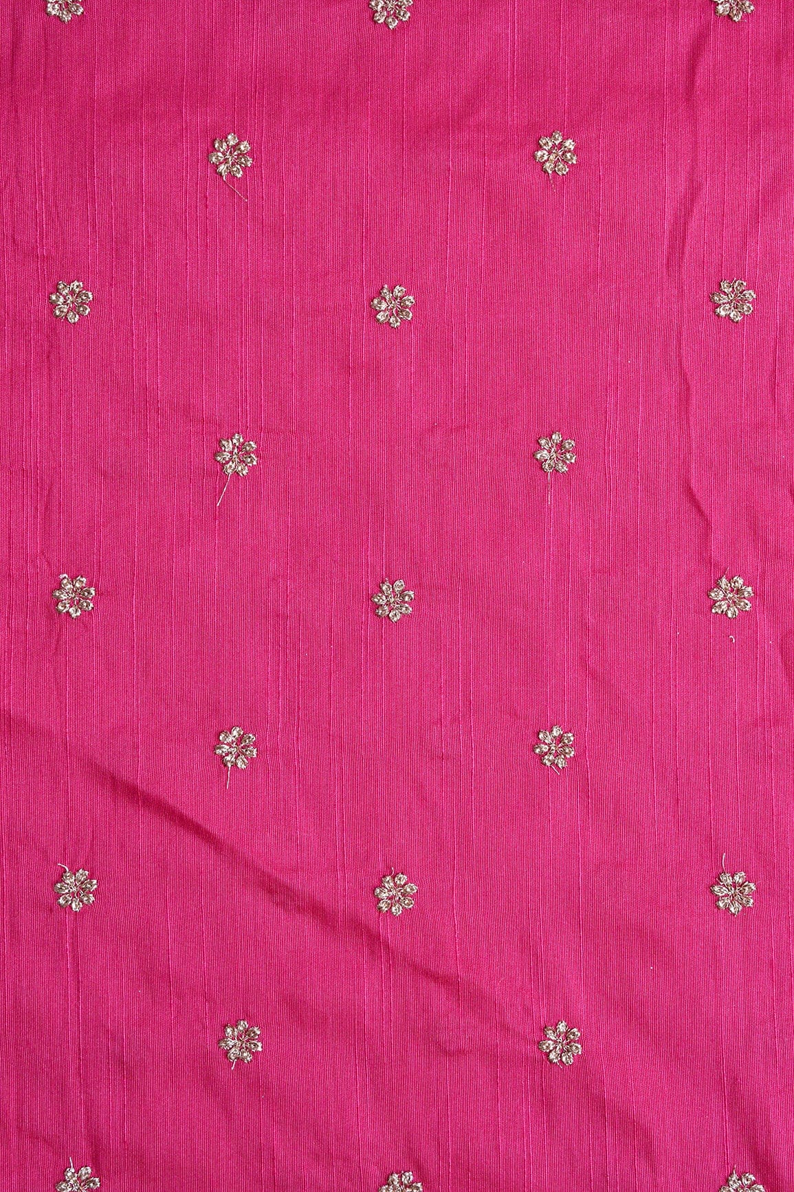 Gold Sequins With Gold Zari Small Motif Embroidery Work On Fuchsia Raw Silk Fabric - doeraa
