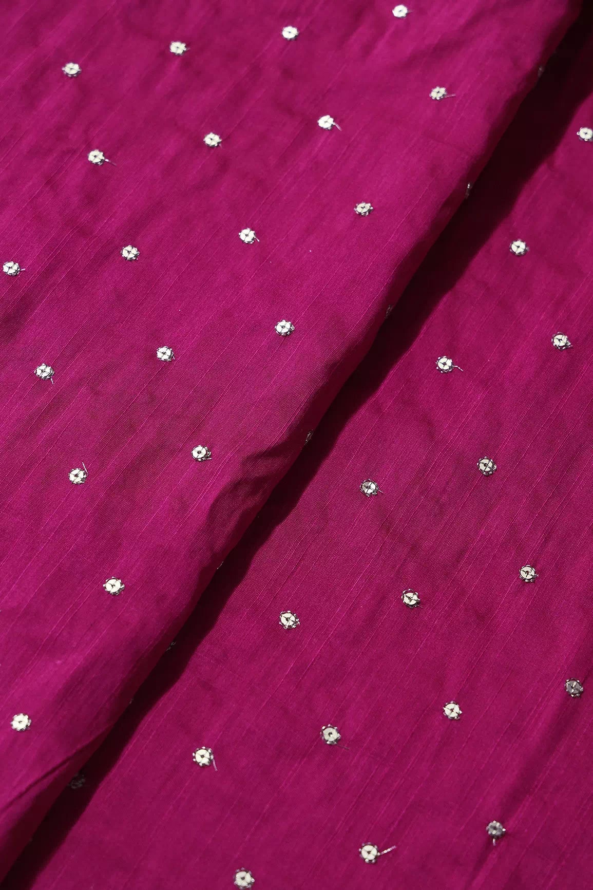 Gold Sequins With Gold Zari Small Motif Embroidery Work On Fuchsia Raw Silk Fabric - doeraa