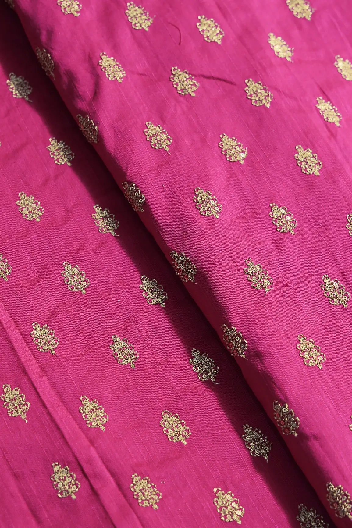 Gold Sequins With Gold Zari Small Motif Embroidery Work On Fuchsia Raw Silk Fabric - doeraa