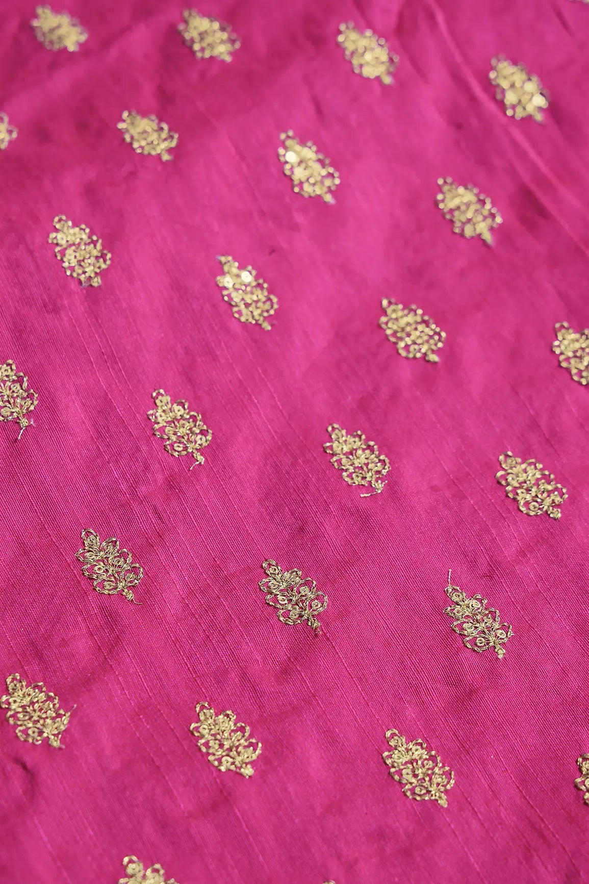 Gold Sequins With Gold Zari Small Motif Embroidery Work On Fuchsia Raw Silk Fabric - doeraa