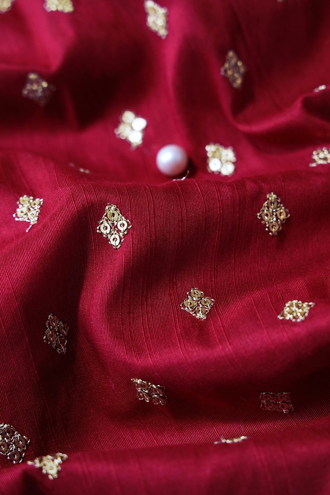 Gold Sequins With Gold Zari Small Motif Embroidery Work On Maroon Raw Silk Fabric - doeraa