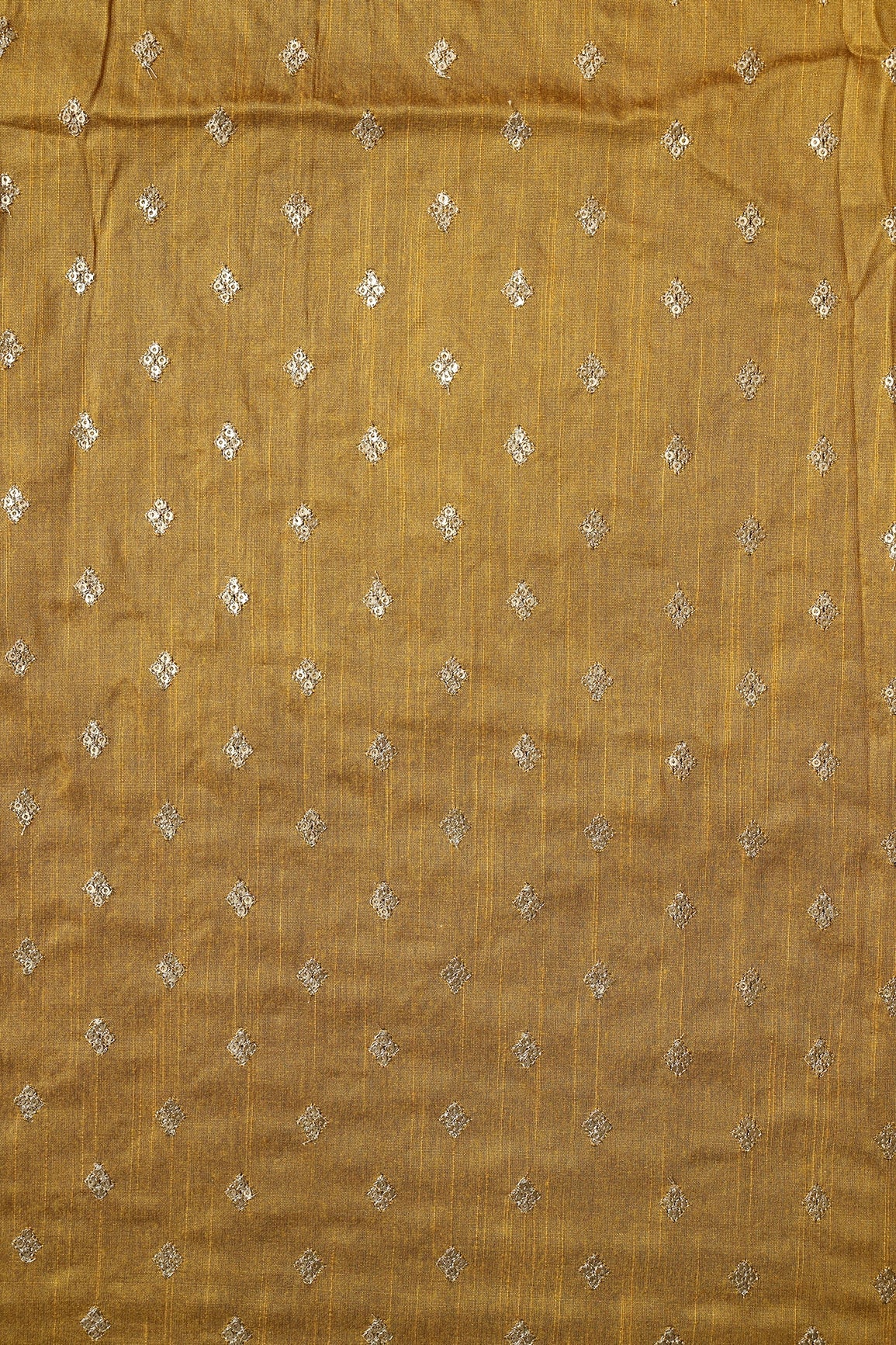 Gold Sequins With Gold Zari Small Motif Embroidery Work On Mustard Raw Silk Fabric - doeraa