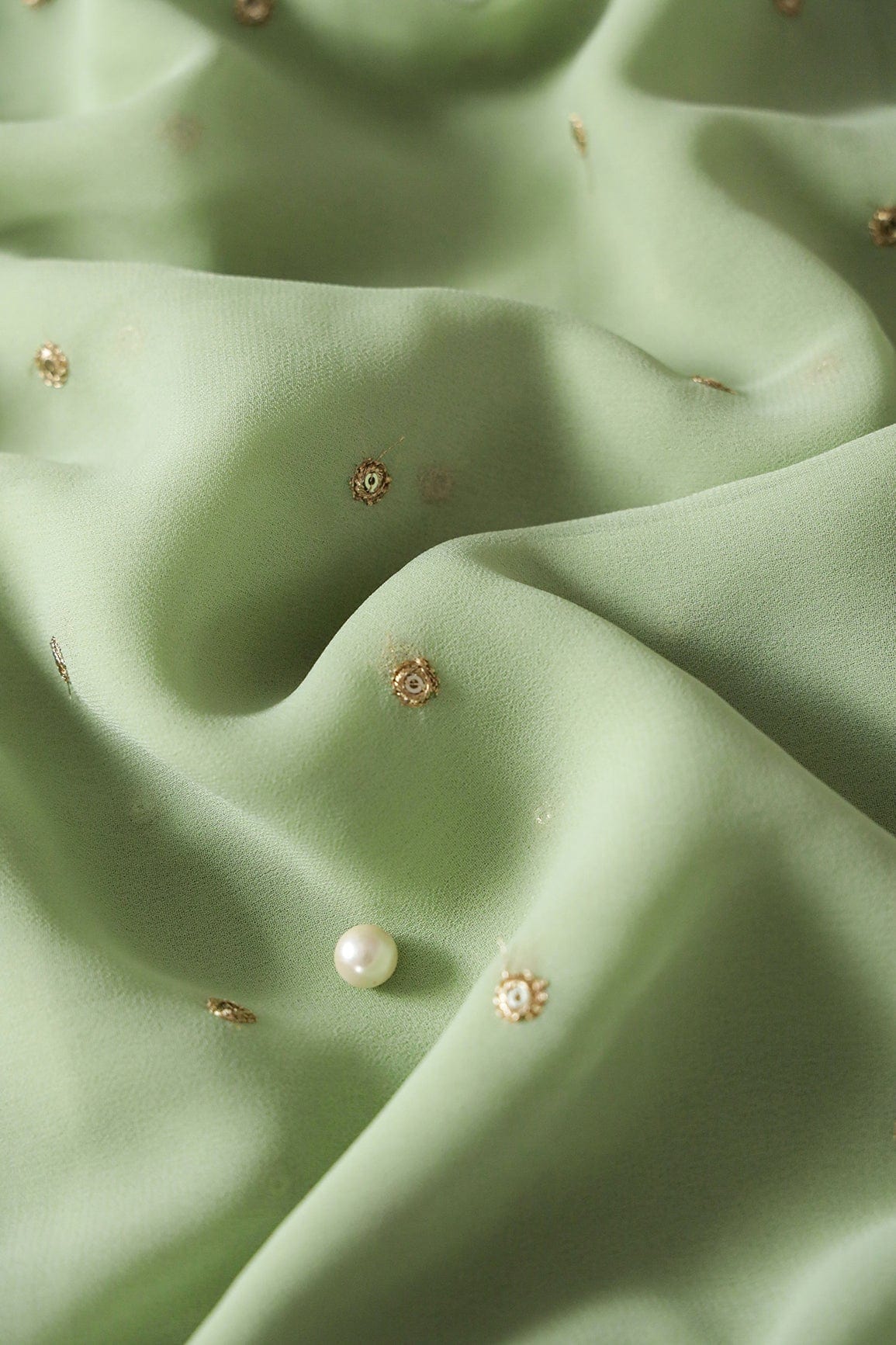 Gold Sequins With Gold Zari Small Motif Embroidery Work On Olive Georgette Fabric - doeraa