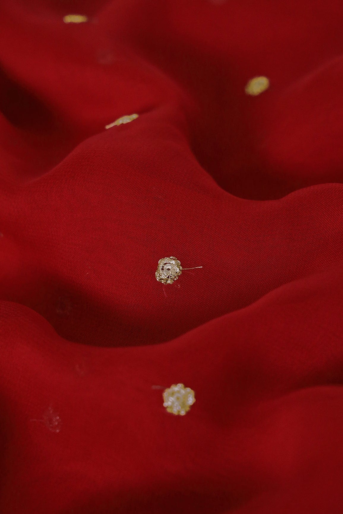 Gold Sequins With Gold Zari Small Motif Embroidery Work On Red Georgette Fabric - doeraa