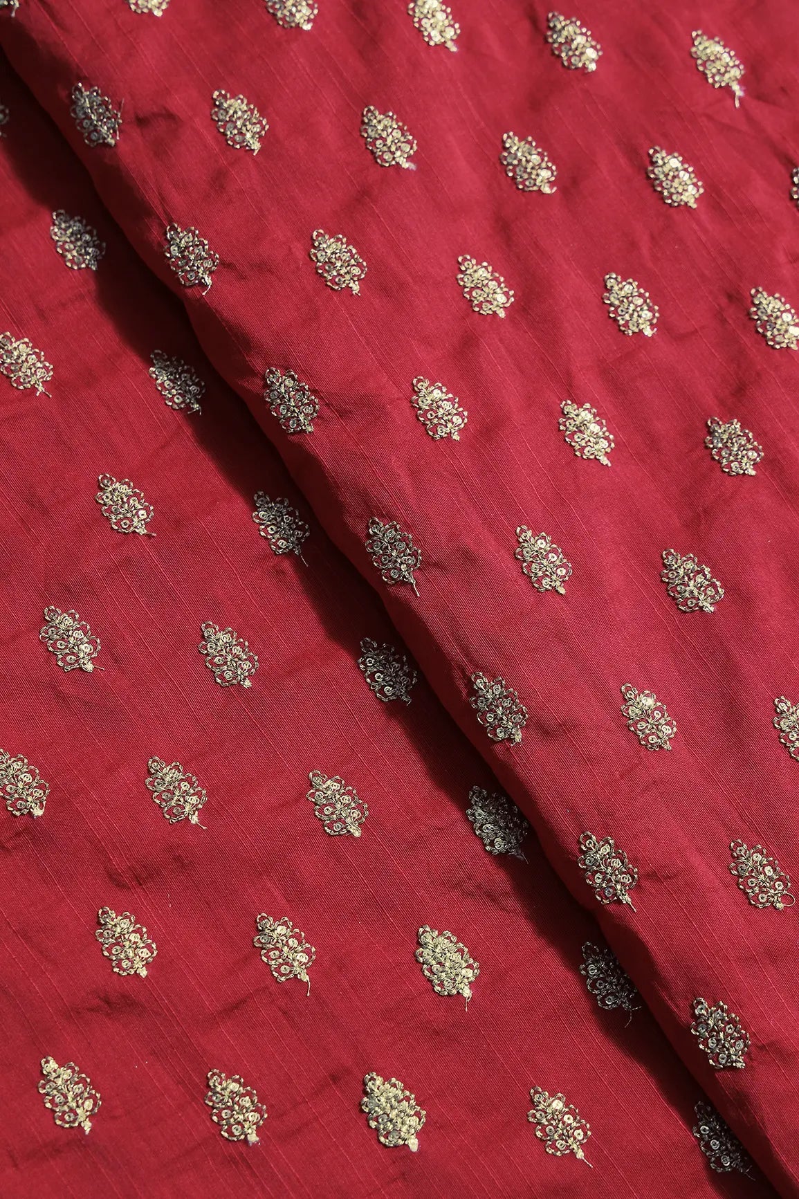 Gold Sequins With Gold Zari Small Motif Embroidery Work On Red Raw Silk Fabric - doeraa