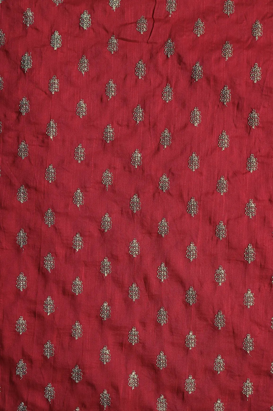 Gold Sequins With Gold Zari Small Motif Embroidery Work On Red Raw Silk Fabric - doeraa