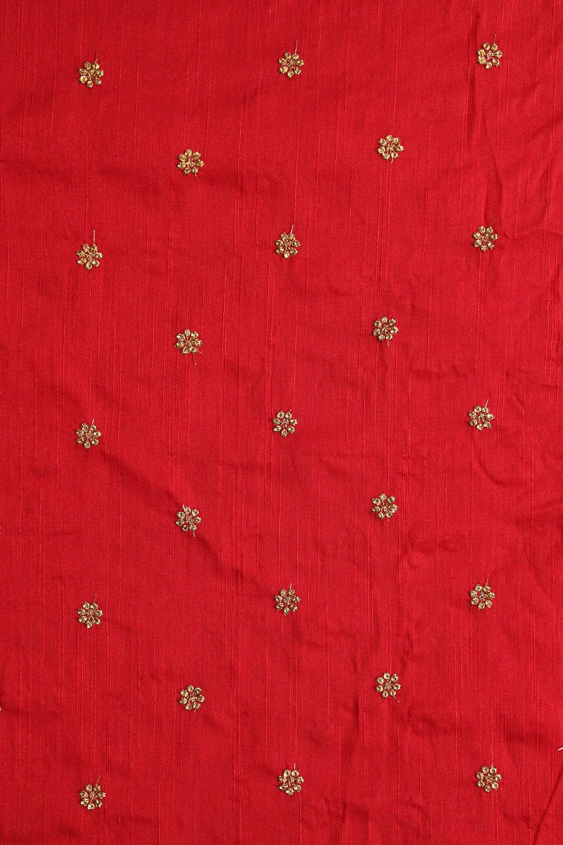 Gold Sequins With Gold Zari Small Motif Embroidery Work On Red Raw Silk Fabric - doeraa