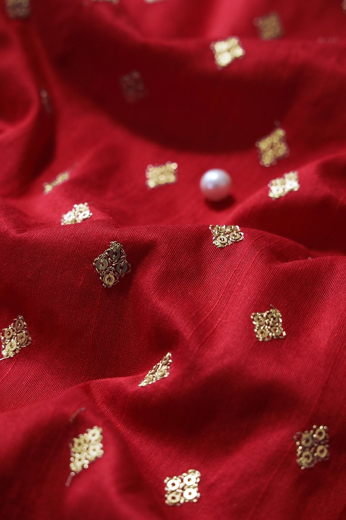Gold Sequins With Gold Zari Small Motif Embroidery Work On Red Raw Silk Fabric - doeraa