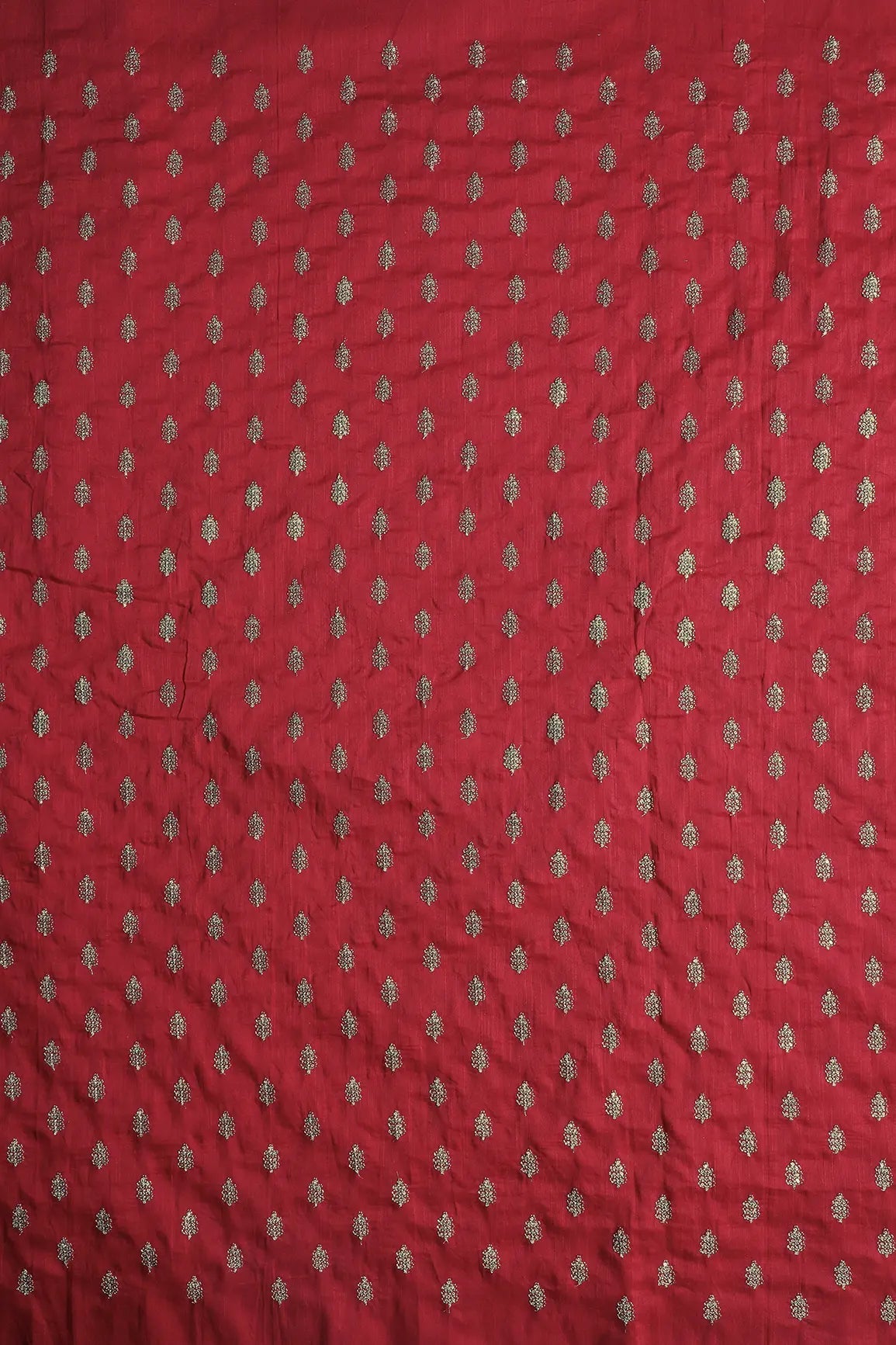 Gold Sequins With Gold Zari Small Motif Embroidery Work On Red Raw Silk Fabric - doeraa