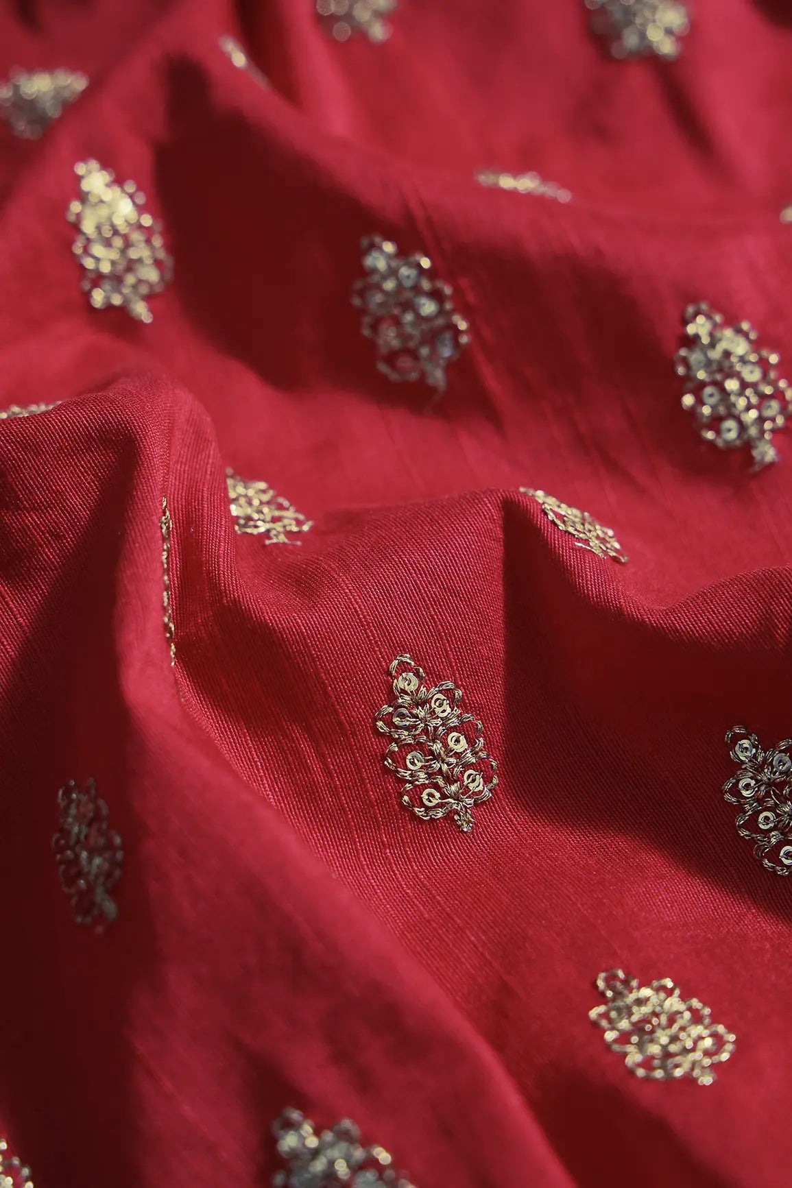 Gold Sequins With Gold Zari Small Motif Embroidery Work On Red Raw Silk Fabric - doeraa