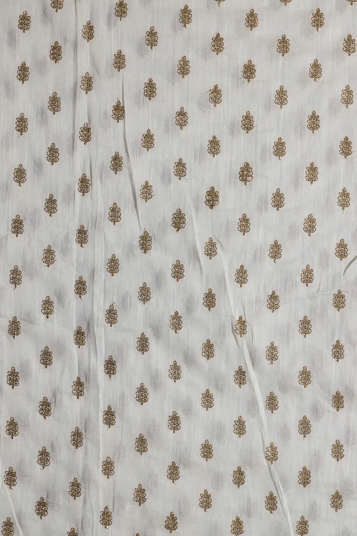 Gold Sequins With Gold Zari Small Motif Embroidery Work On White Raw Silk Fabric - doeraa