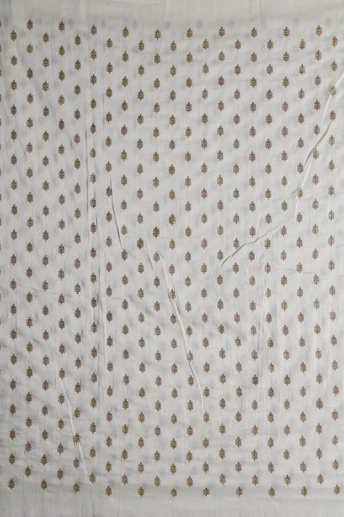 Gold Sequins With Gold Zari Small Motif Embroidery Work On White Raw Silk Fabric - doeraa