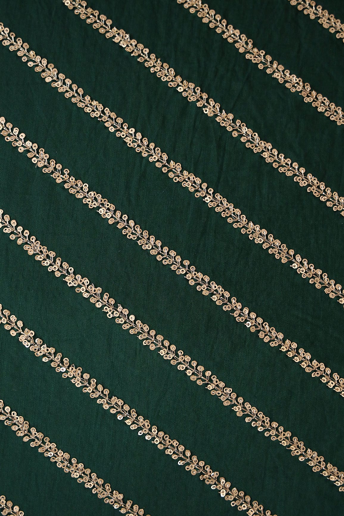 Gold Sequins With Gold Zari Stripes Embroidery Work On Bottle Green Raw Silk Fabric - doeraa