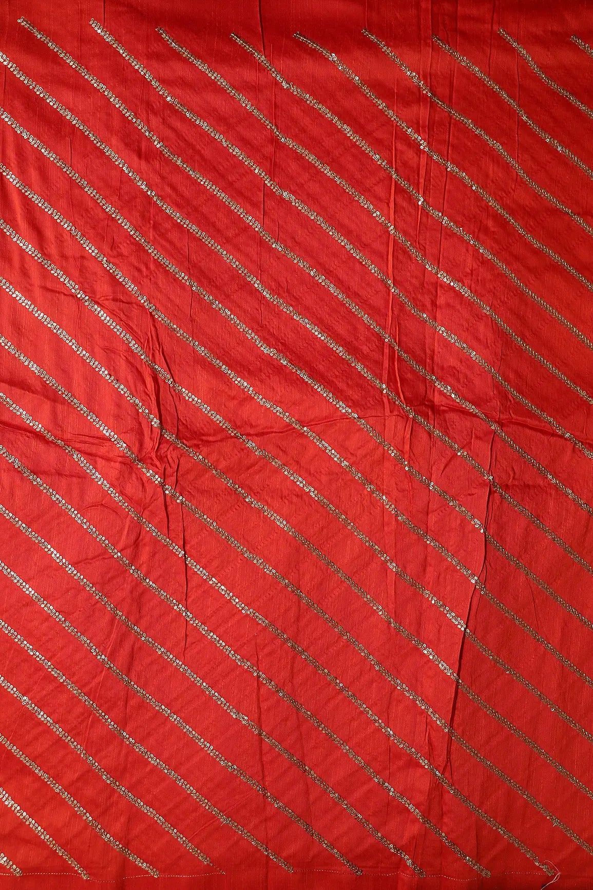 Gold Sequins With Gold Zari Stripes Embroidery Work On Dark Orange Raw Silk Fabric - doeraa