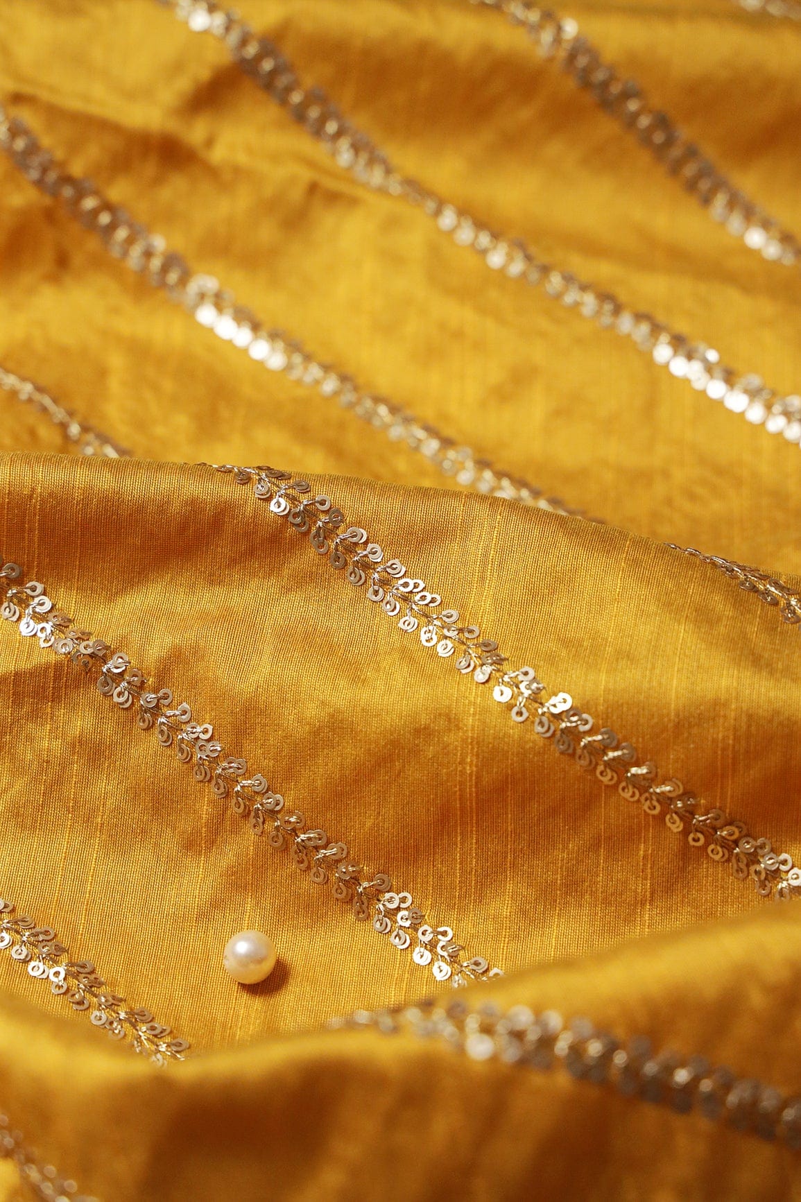 Gold Sequins With Gold Zari Stripes Embroidery Work On Mustard Yellow Raw Silk Fabric - doeraa