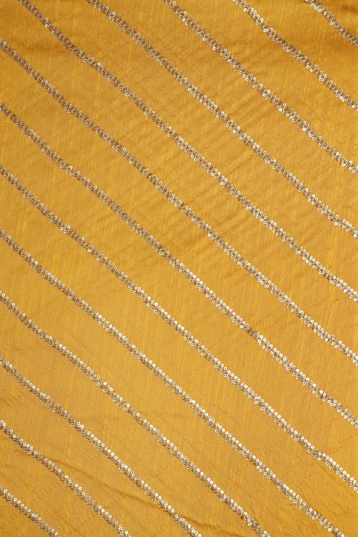 Gold Sequins With Gold Zari Stripes Embroidery Work On Mustard Yellow Raw Silk Fabric - doeraa